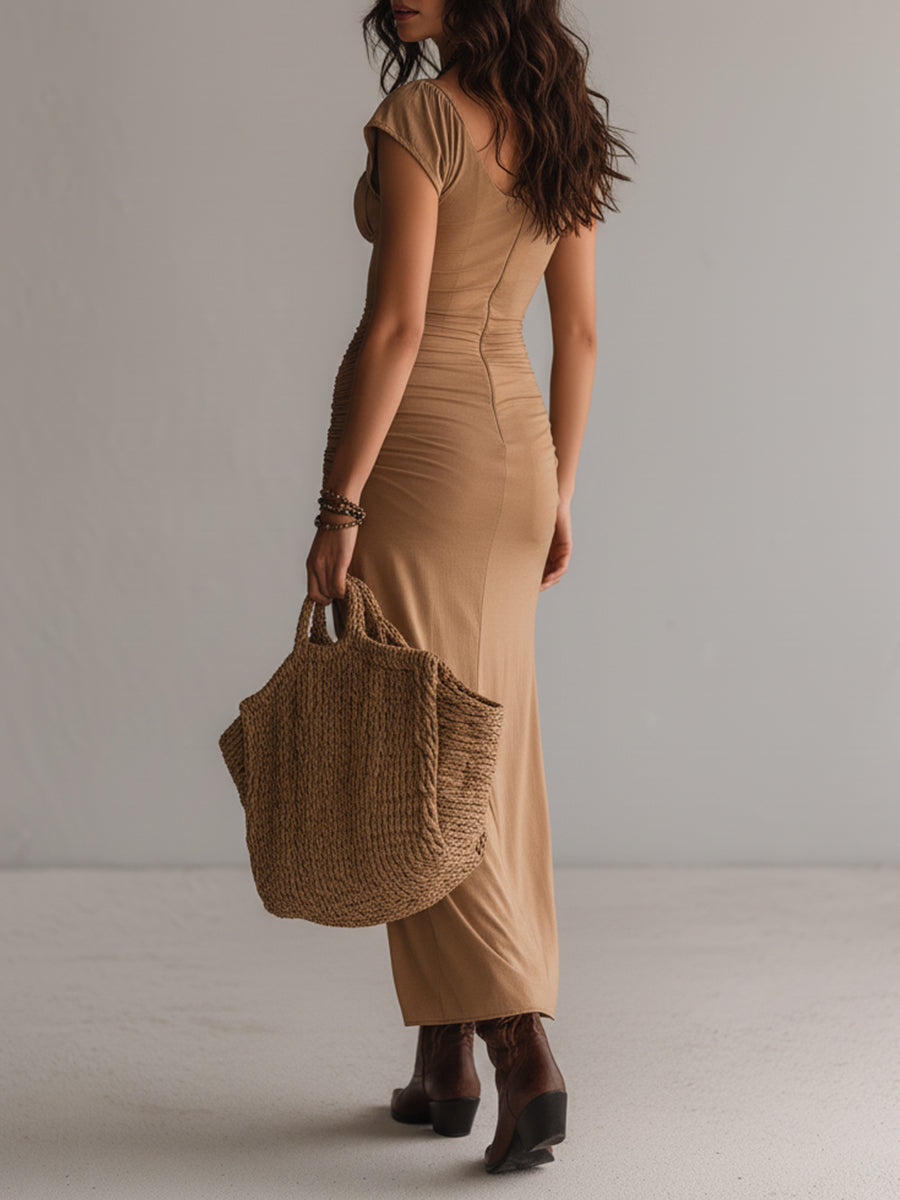 Retro Ruffled Short-Sleeve High-Slit Maxi Dress