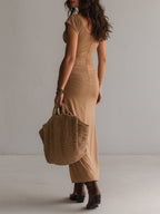 Retro Ruffled Short-Sleeve High-Slit Maxi Dress