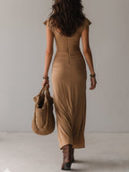 Retro Ruffled Short-Sleeve High-Slit Maxi Dress