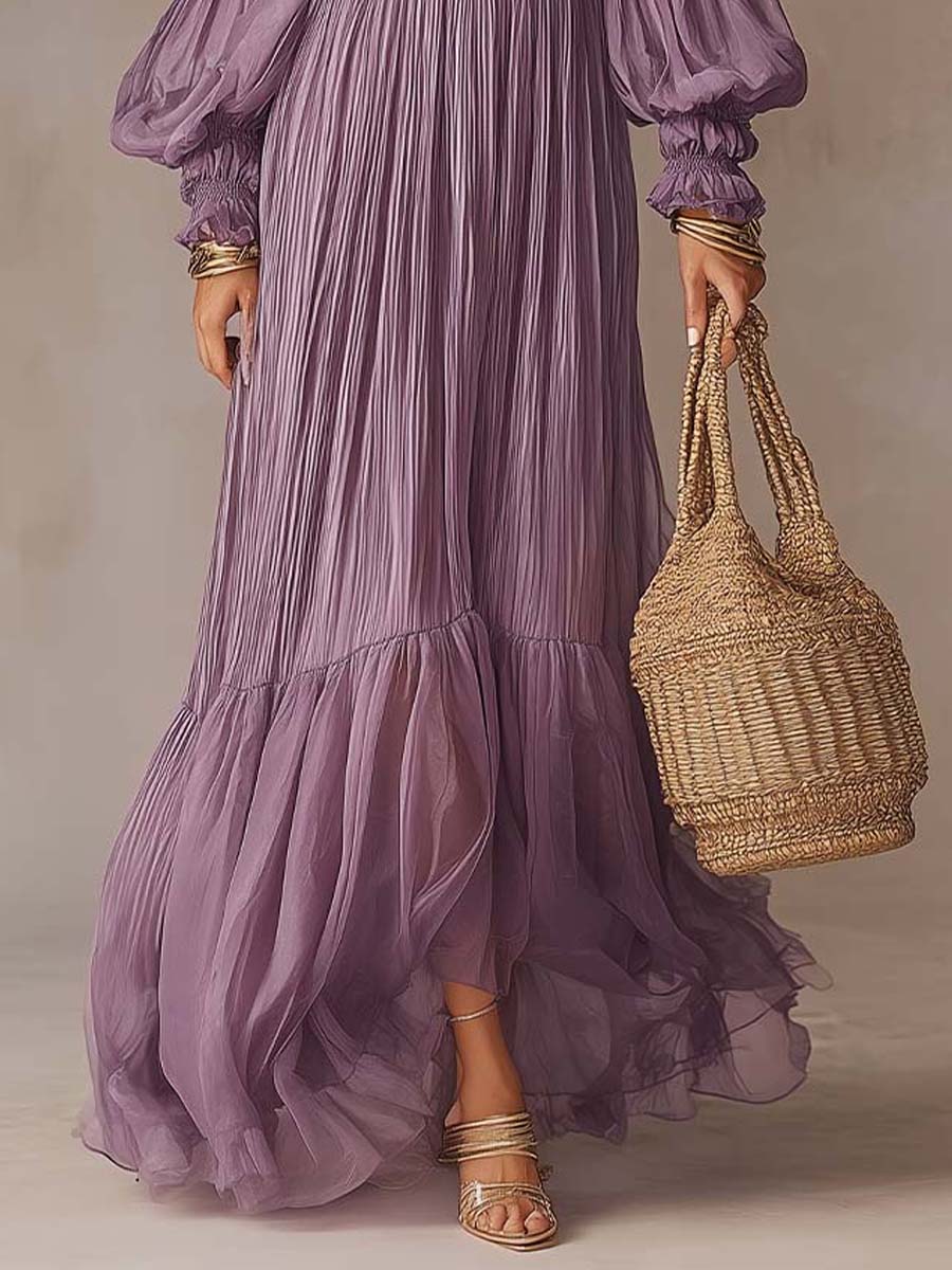 Romantic Vacation Off-Shoulder Pleated Maxi Dress