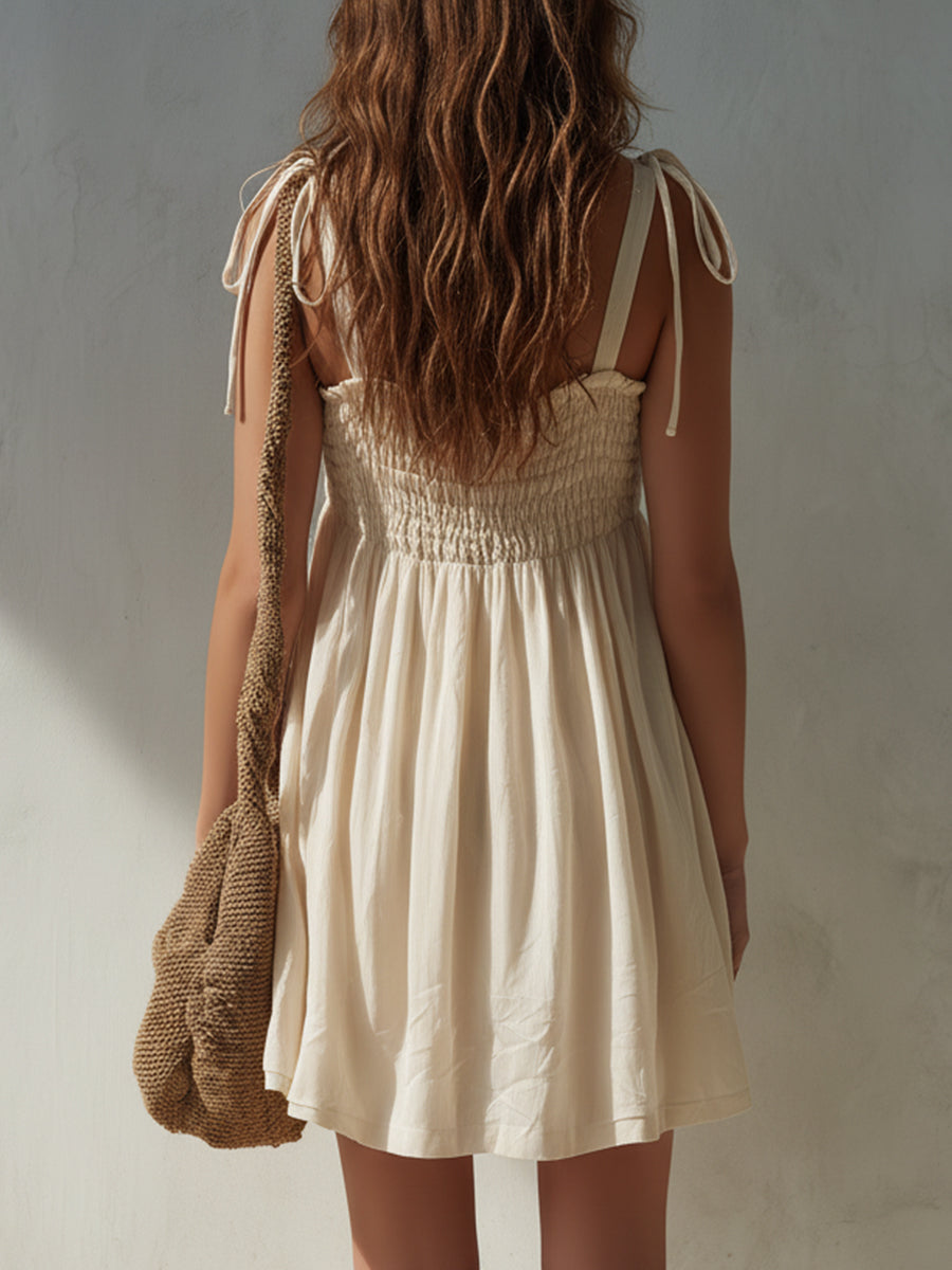 Boho Shirred Mini Dress With Shoulder Ties
