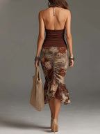 Bohemian Halter Lace Trim Printed Midi Dress