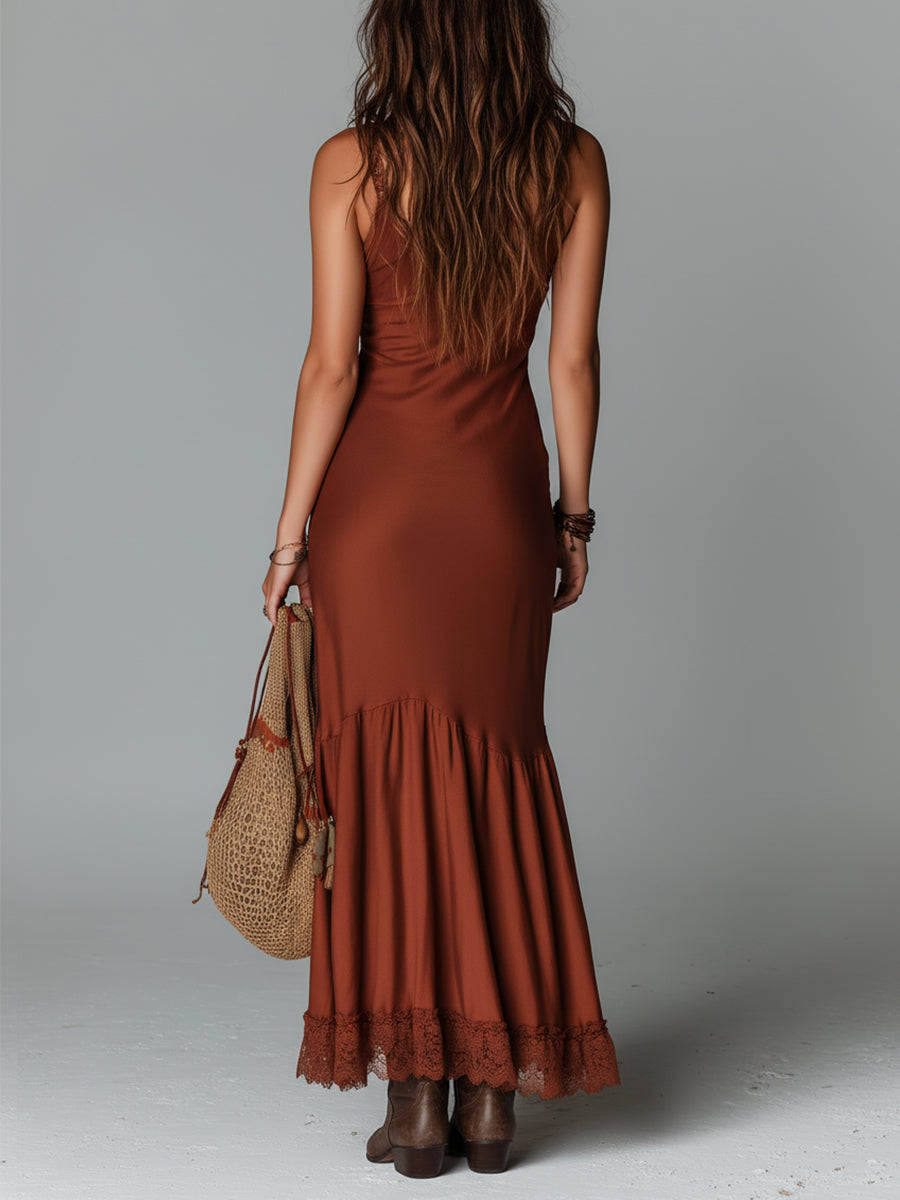 Boho Lace-Trimmed Slim-Fit Tencel Maxi Dress