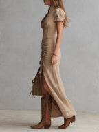Urban Nomad Lace-Trimmed Front-Slit Cotton-Linen Maxi Dress