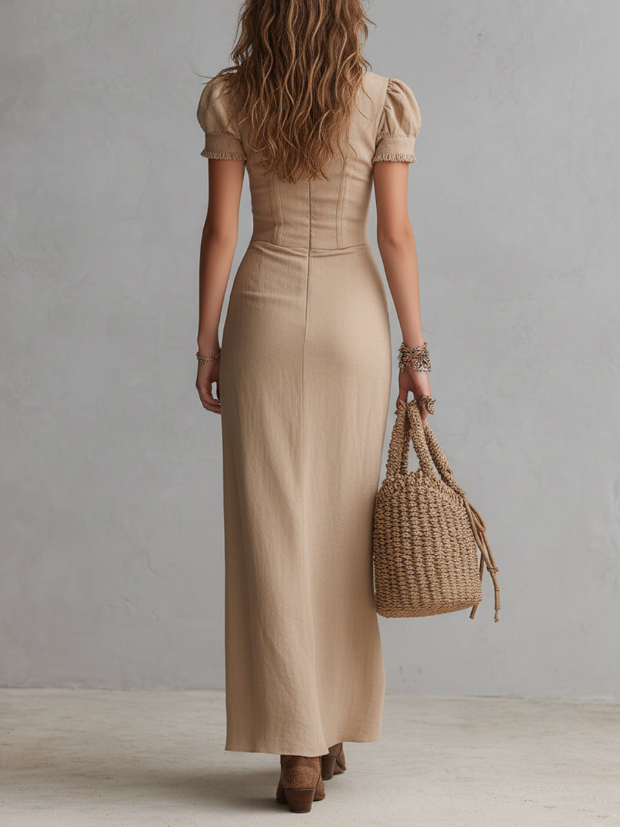 Urban Nomad Lace-Trimmed Front-Slit Cotton-Linen Maxi Dress
