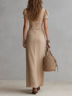 Urban Nomad Lace-Trimmed Front-Slit Cotton-Linen Maxi Dress
