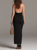 Classic Draped-Neck High-Slit Midi Dress