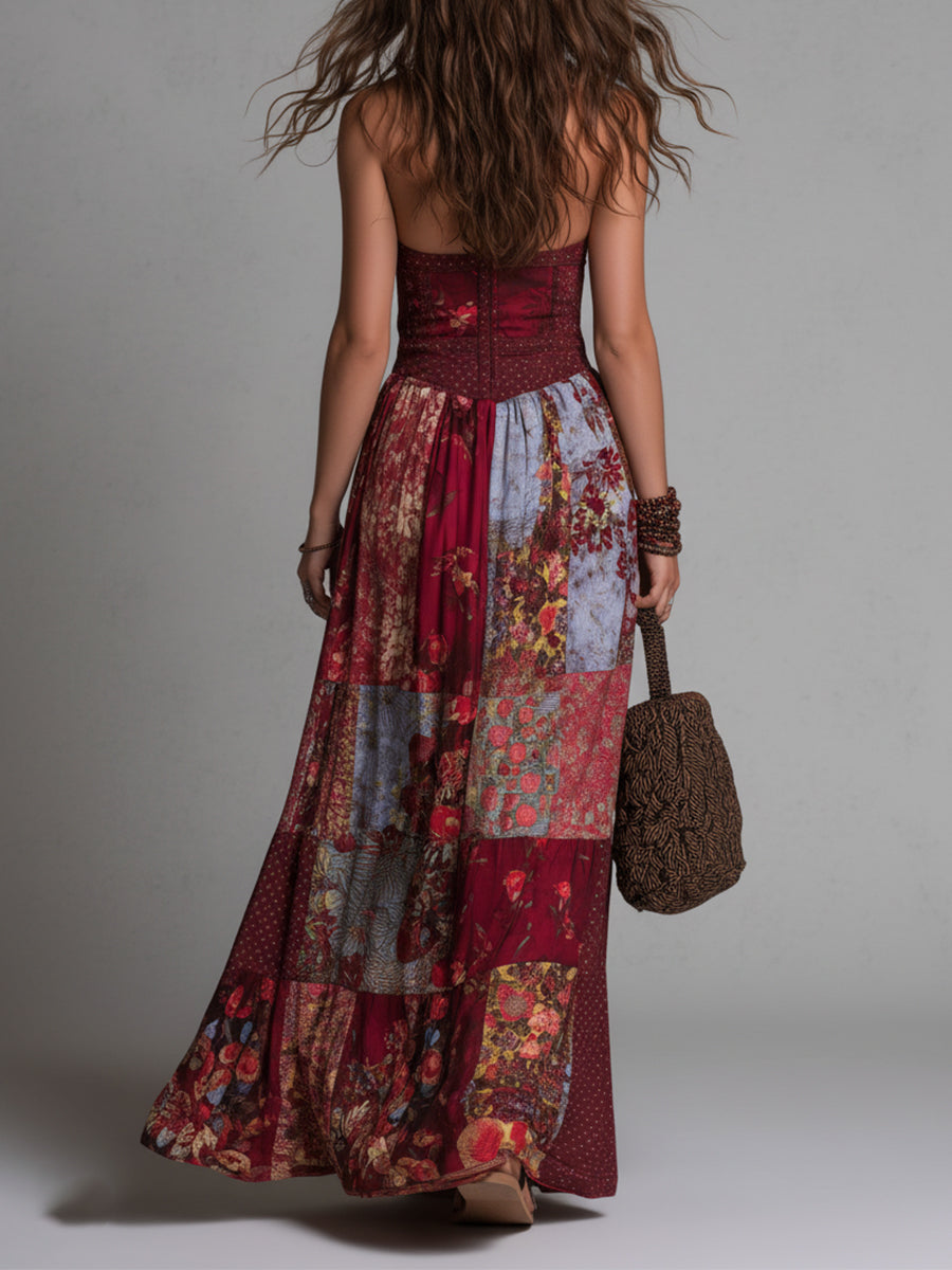 Boho Ethnic Print V-neck Button Decoration Maxi Dress