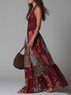 Boho Ethnic Print V-neck Button Decoration Maxi Dress