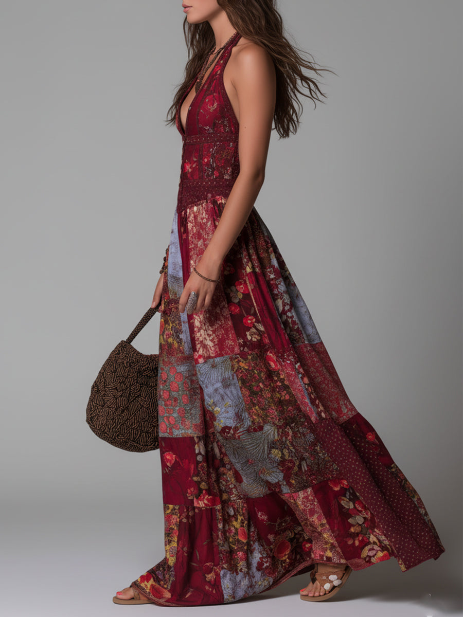 Boho Ethnic Print V-neck Button Decoration Maxi Dress