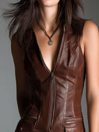 Chocolate Brown Eco Leather Zip Front Mini Dress With Utility Pockets