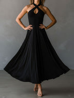 Retro Black Halter Cross Tie-back A-Line Midi Dress