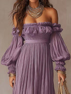 Romantic Vacation Off-Shoulder Pleated Maxi Dress