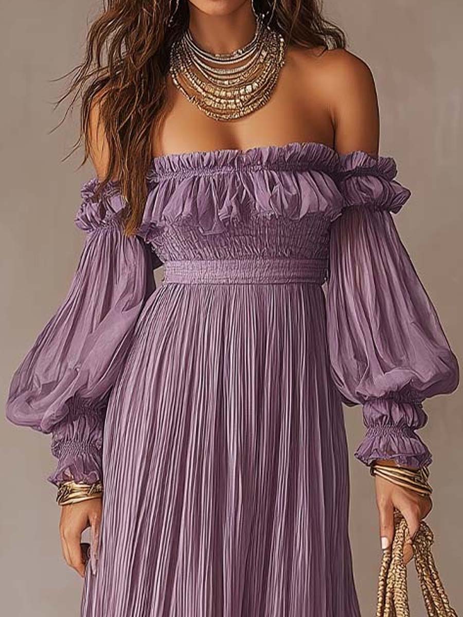 Romantic Vacation Off-Shoulder Pleated Maxi Dress