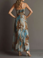 Boho Watercolor Print Chiffon Spaghetti Strap Maxi Dress