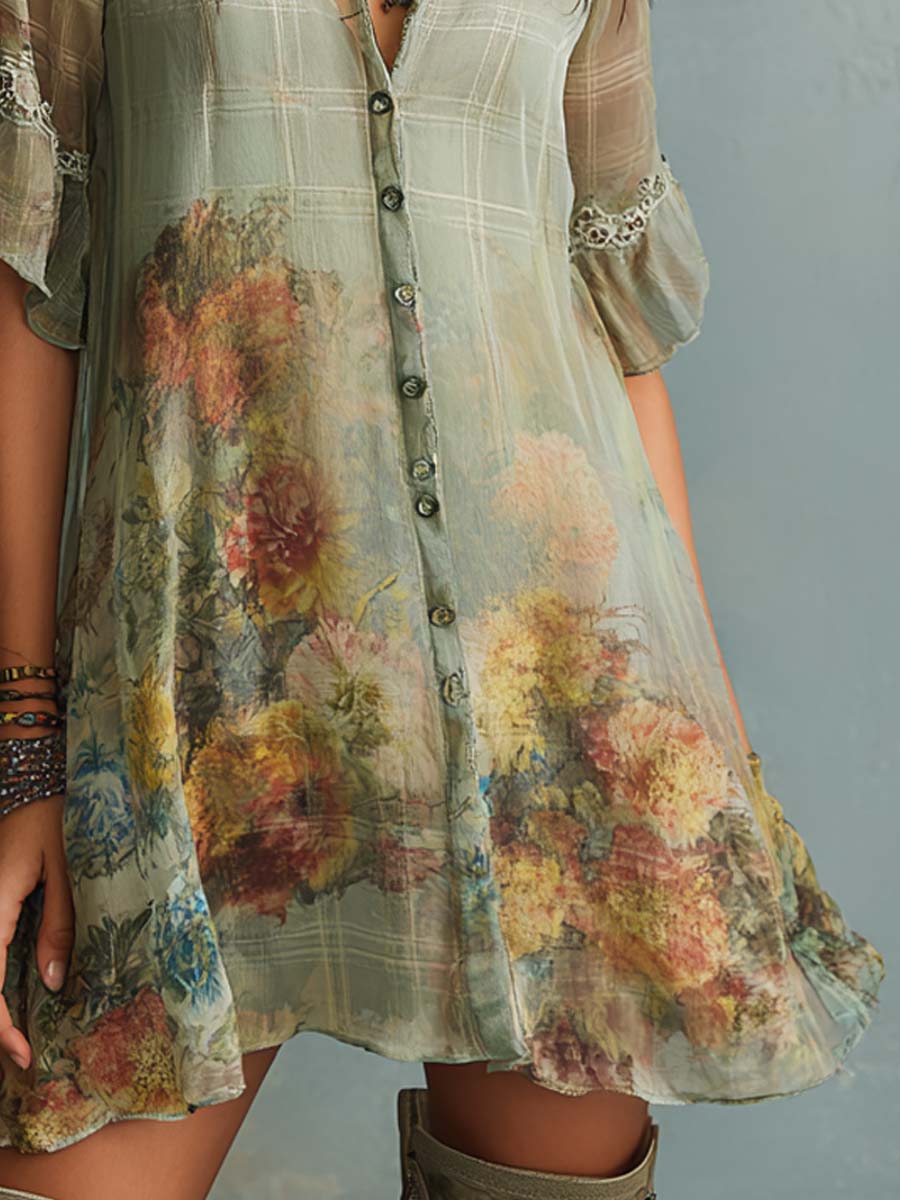 Retro Plaid Mixed Floral Print Chiffon Mini Dress