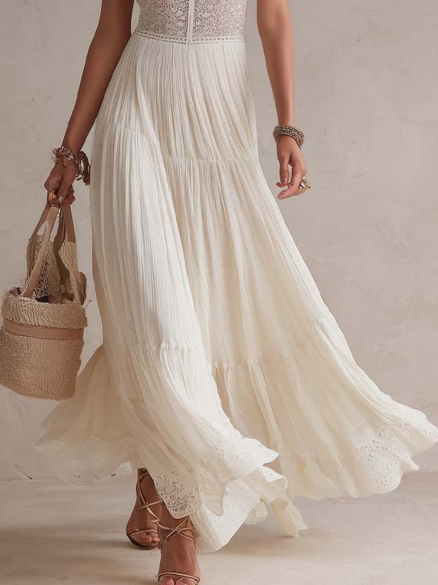Vintage Elegant Cotton Lace Panel Boho Maxi Dress