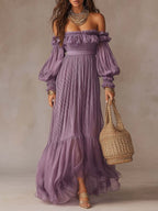 Romantic Vacation Off-Shoulder Pleated Maxi Dress