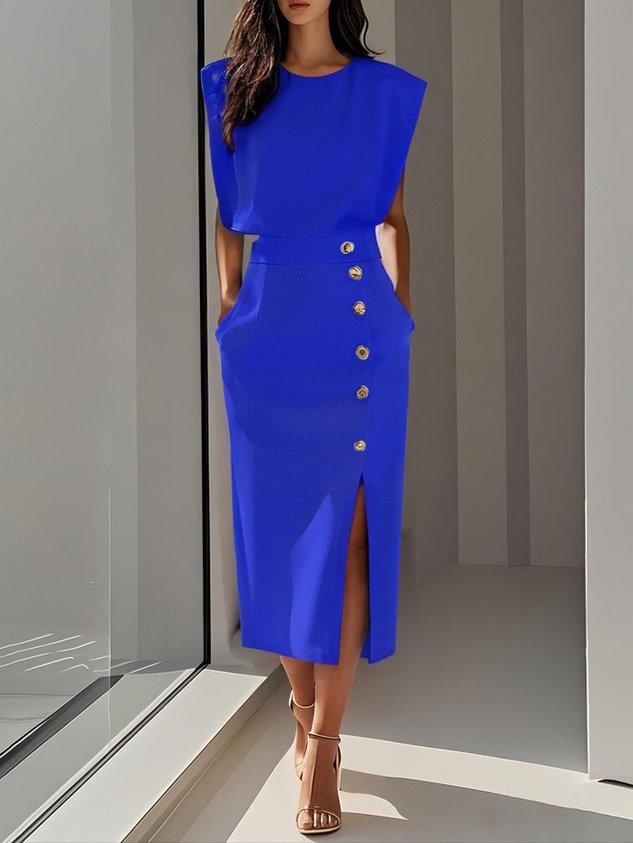 Floralia - Plain midi dress with button slit and round neckline