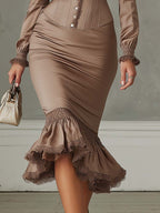 Vintage Ruffled Hem Lace-trimmed Polyester Satin Midi Dress