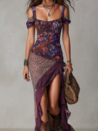 Urban Nomad Leopard Print Flower High Slit Maxi Dress