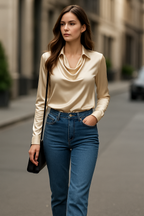Laureline - Shiny Blouse with Pleated Collar - Chic &amp; Timeless