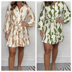 Perlina - Irregular Striped Shirt Dress with Lapel Collar and Tie Belt