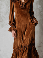 Retro Ruffle Neck Lace Trim Eco-friendly Velvet Midi Dress