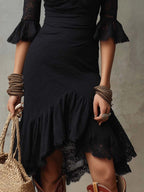 Retro Ruffle Cuffs Flare Skirt Lace Midi Dress