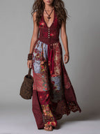 Boho Ethnic Print V-neck Button Decoration Maxi Dress