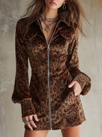 Retro Short Velvet Leopard Print Lantern Sleeve Mini Dress