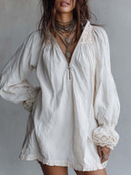 Vintage-style Zip-up Collar Lace-trimmed White Mini Dress