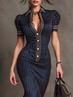 Elegant Vintage Pinstripe Lace Trim Midi Dress