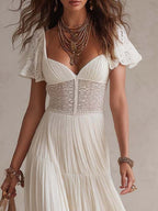 Vintage Elegant Cotton Lace Panel Boho Maxi Dress