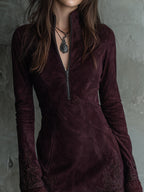 Vintage Suede Embroidered Lace Trim Mini Dress
