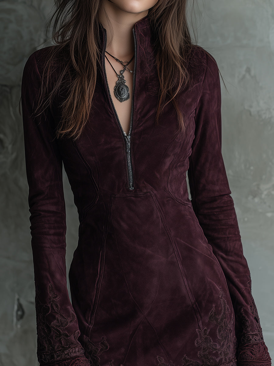 Vintage Suede Embroidered Lace Trim Mini Dress