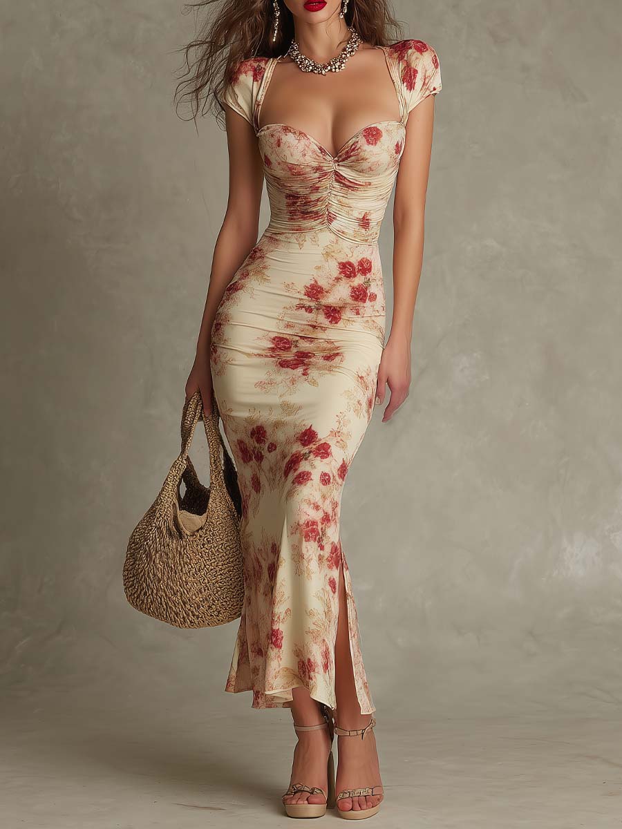 Vintage Rose Ruched Corset Midi Dress