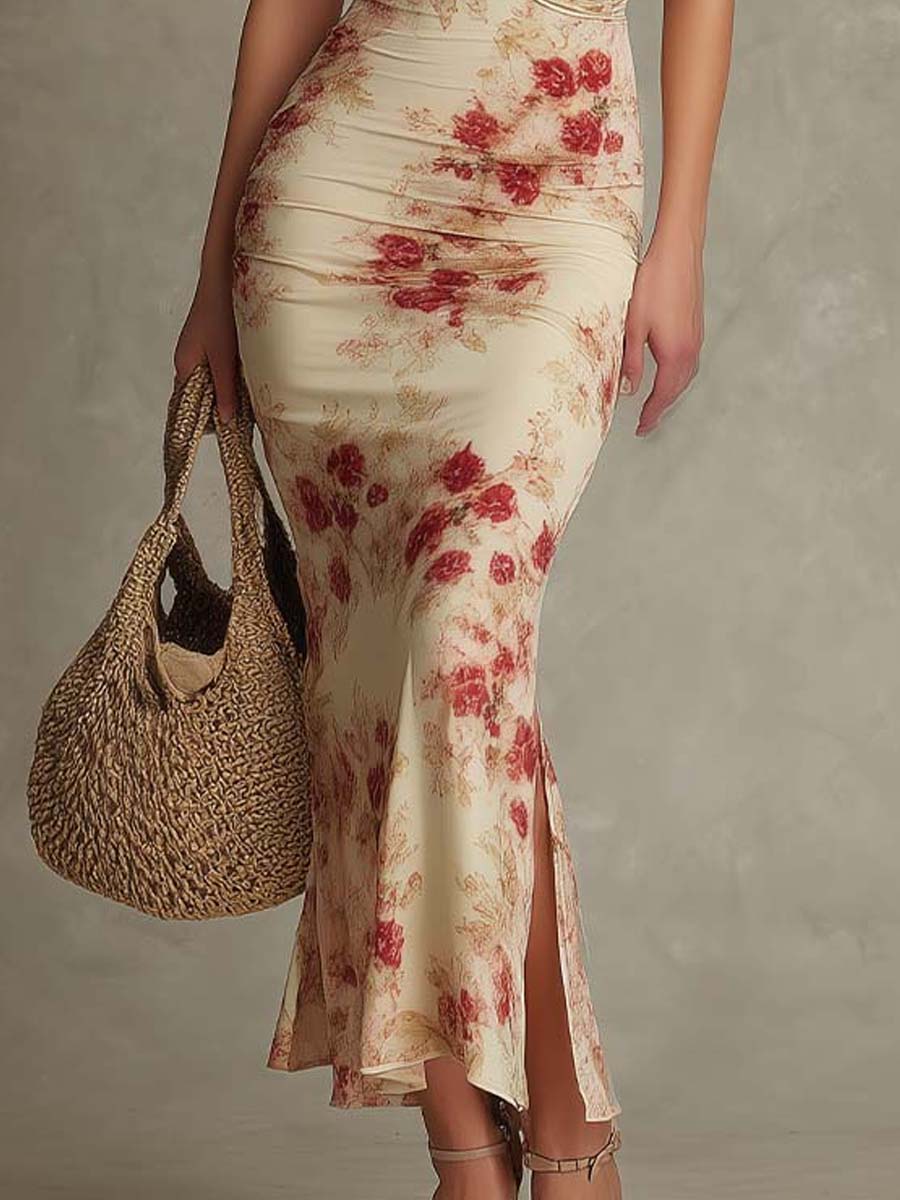 Vintage Rose Ruched Corset Midi Dress