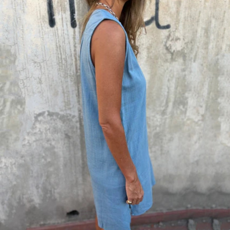 Noelia - Women's Sleeveless Button-Up V-Neck Dress