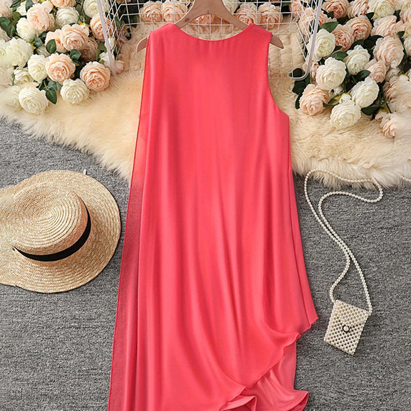 Sorayae - Sleeveless Asymmetrical Mesh Dress